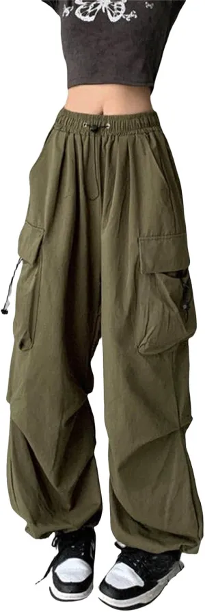 Women Y2K Retro Cargo Pants High Waist Wide Leg Pants Streetwear Punk Mopping Baggy Trousers Hip Hop Parachute Pants