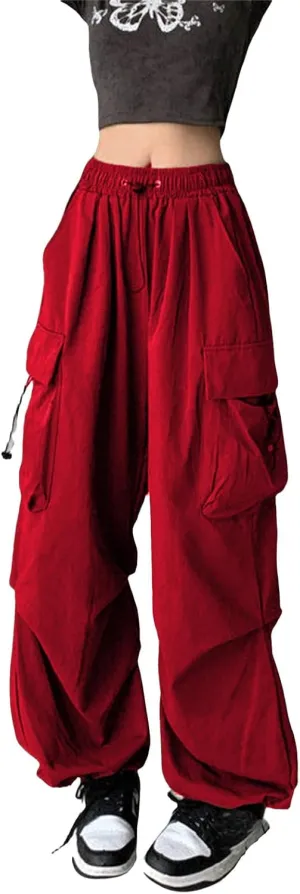 Women Y2K Retro Cargo Pants High Waist Wide Leg Pants Streetwear Punk Mopping Baggy Trousers Hip Hop Parachute Pants