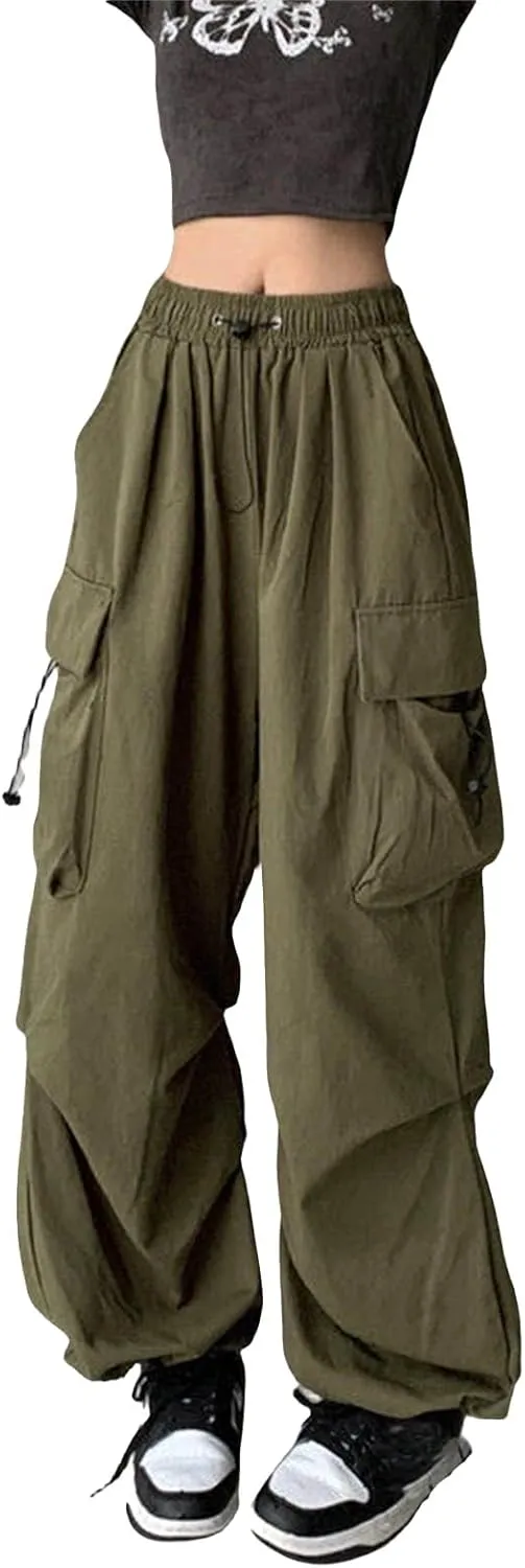 Women Y2K Retro Cargo Pants High Waist Wide Leg Pants Streetwear Punk Mopping Baggy Trousers Hip Hop Parachute Pants