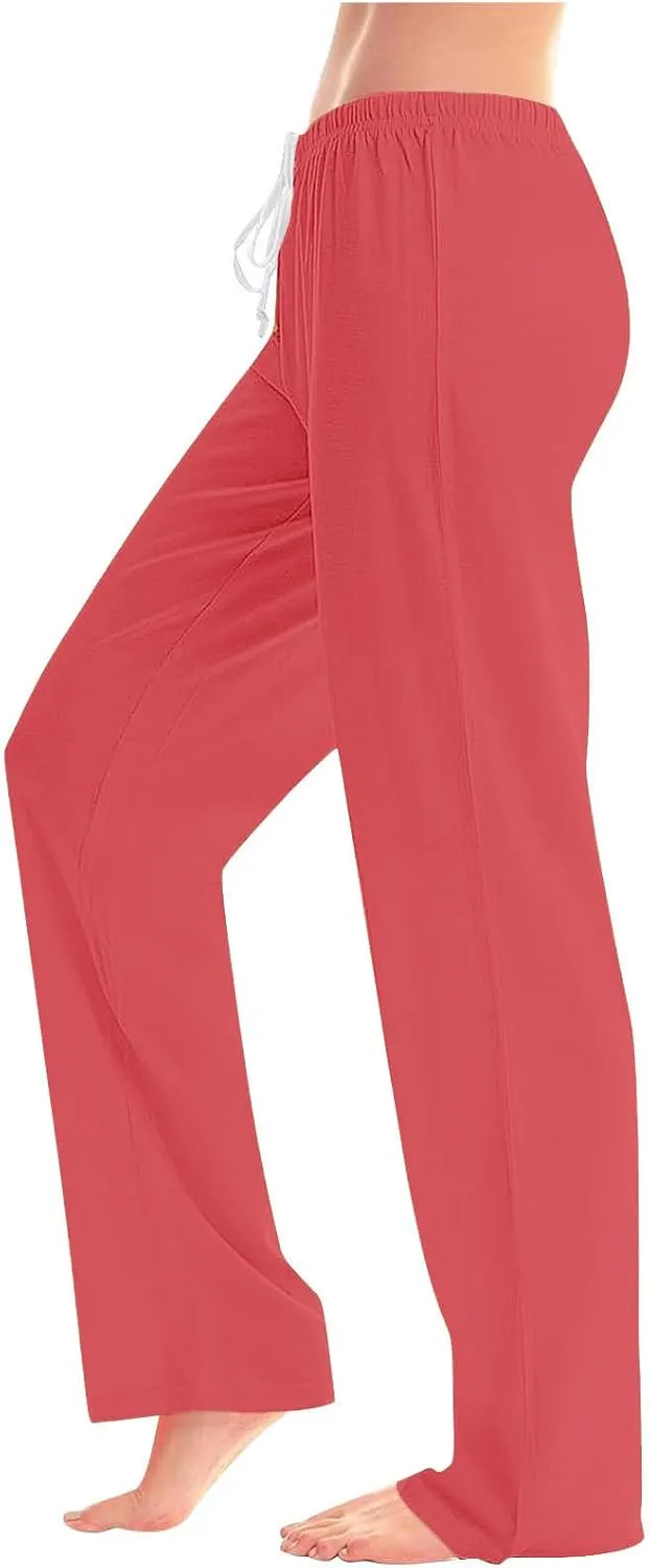 Womens Athletic Pants Straight Leg Lounge Trousers High Waisted Drawstring Soft Comfy Yoga Sweatpants with Pockets