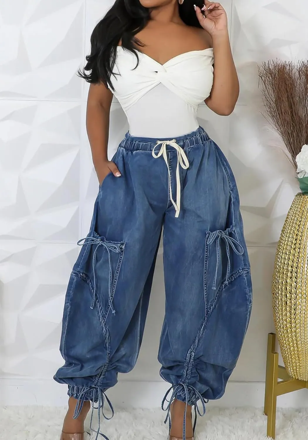 Women's Baggy Barrel Jeans High Waist Y2K Drawstring Bow Tie Cargo Jogger Jean Wide Leg Denim Pants Sweatpants