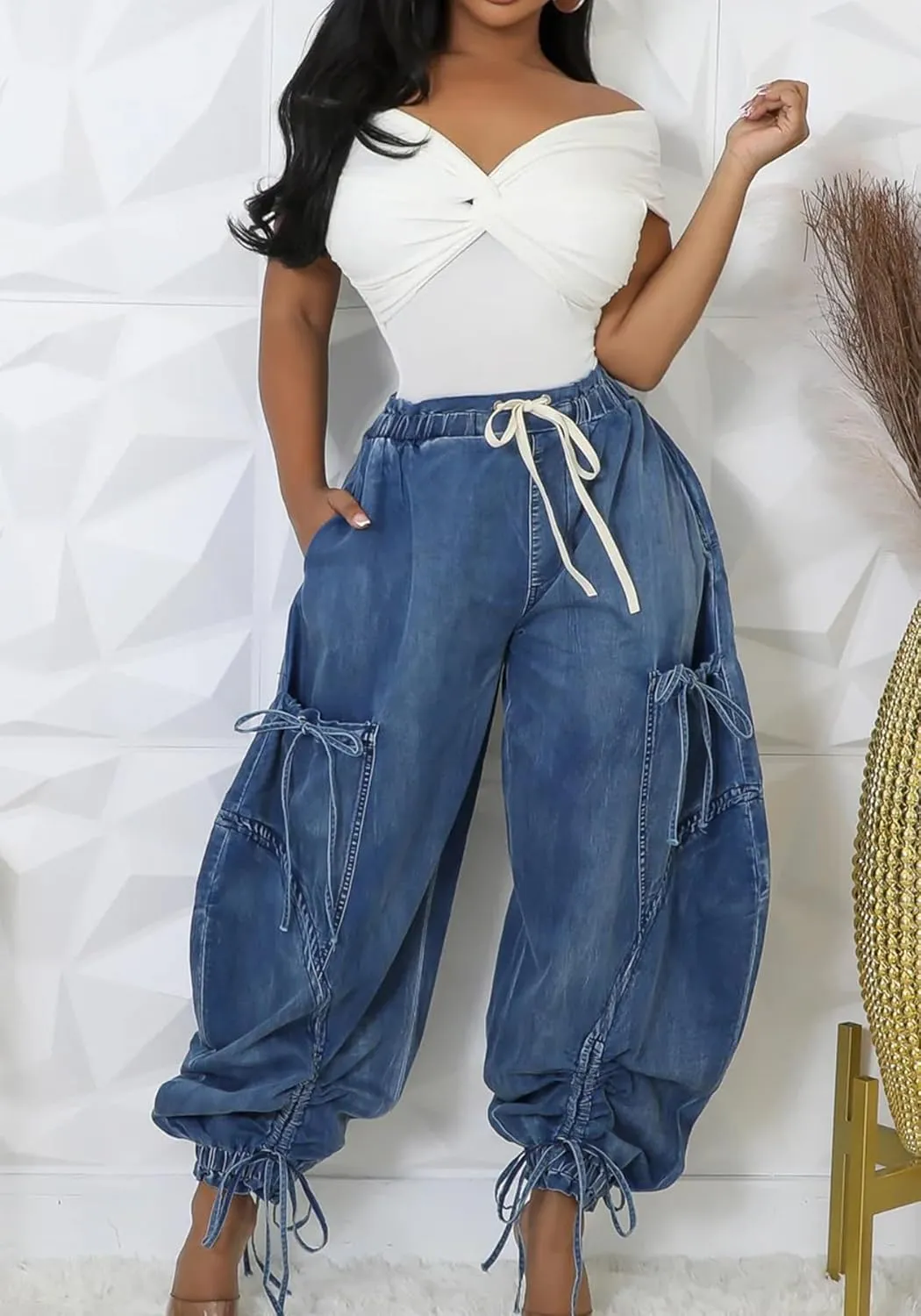 Women's Baggy Barrel Jeans High Waist Y2K Drawstring Bow Tie Cargo Jogger Jean Wide Leg Denim Pants Sweatpants