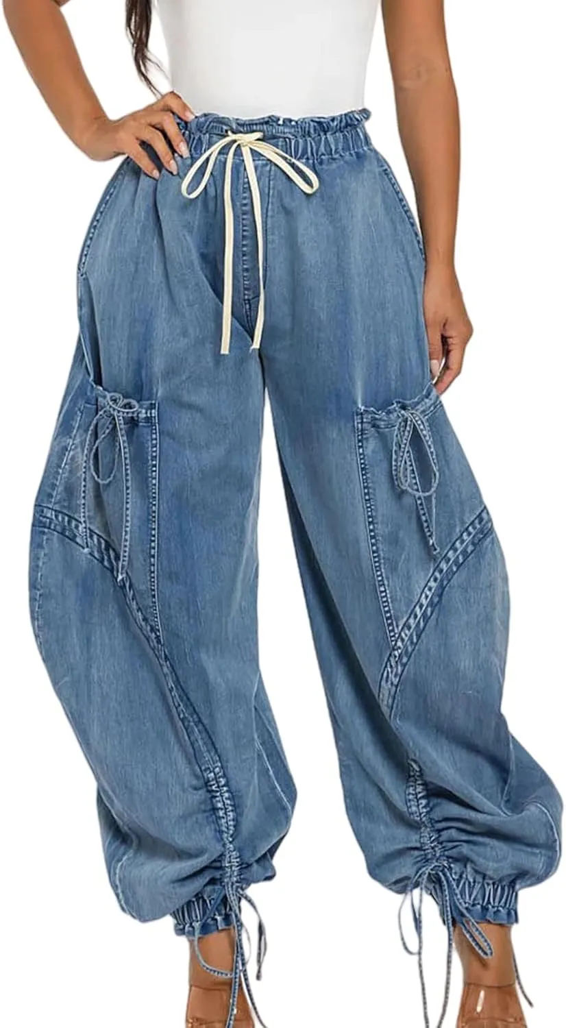 Women's Baggy Barrel Jeans High Waist Y2K Drawstring Bow Tie Cargo Jogger Jean Wide Leg Denim Pants Sweatpants