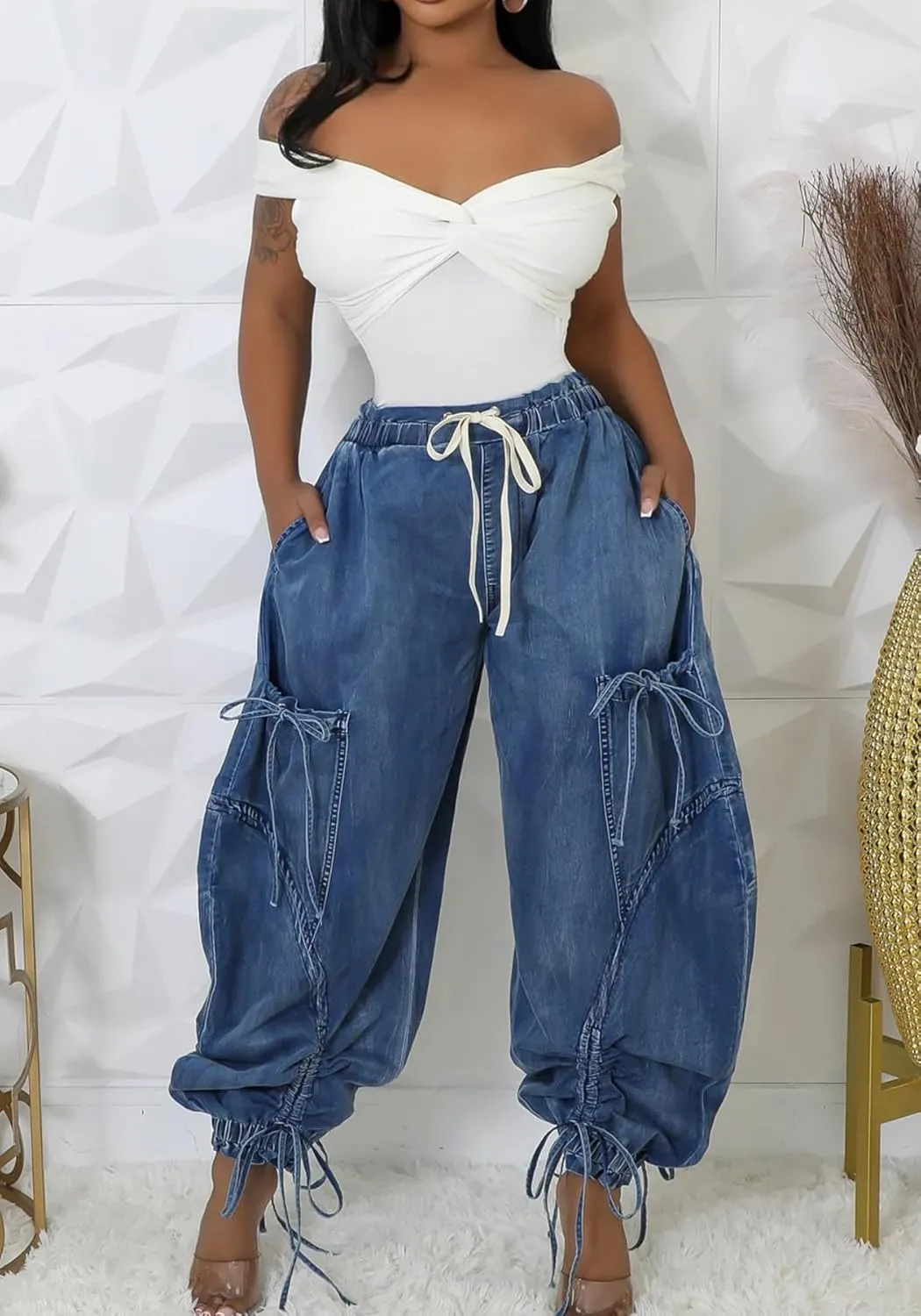 Women's Baggy Barrel Jeans High Waist Y2K Drawstring Bow Tie Cargo Jogger Jean Wide Leg Denim Pants Sweatpants