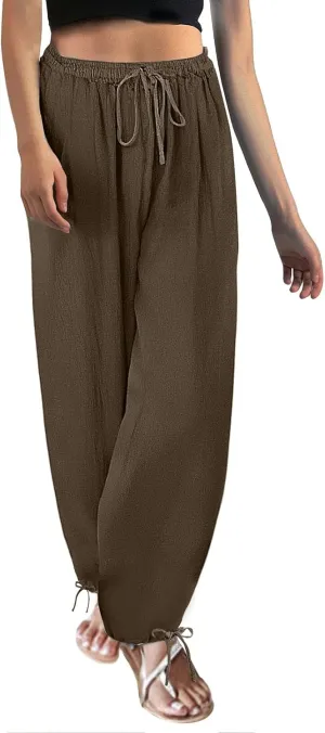 Women's Baggy Linen Pants Drawstring Elasic Waist Casual Joggers Loose Summer Lightweight Beach Pants Lounge Trousers