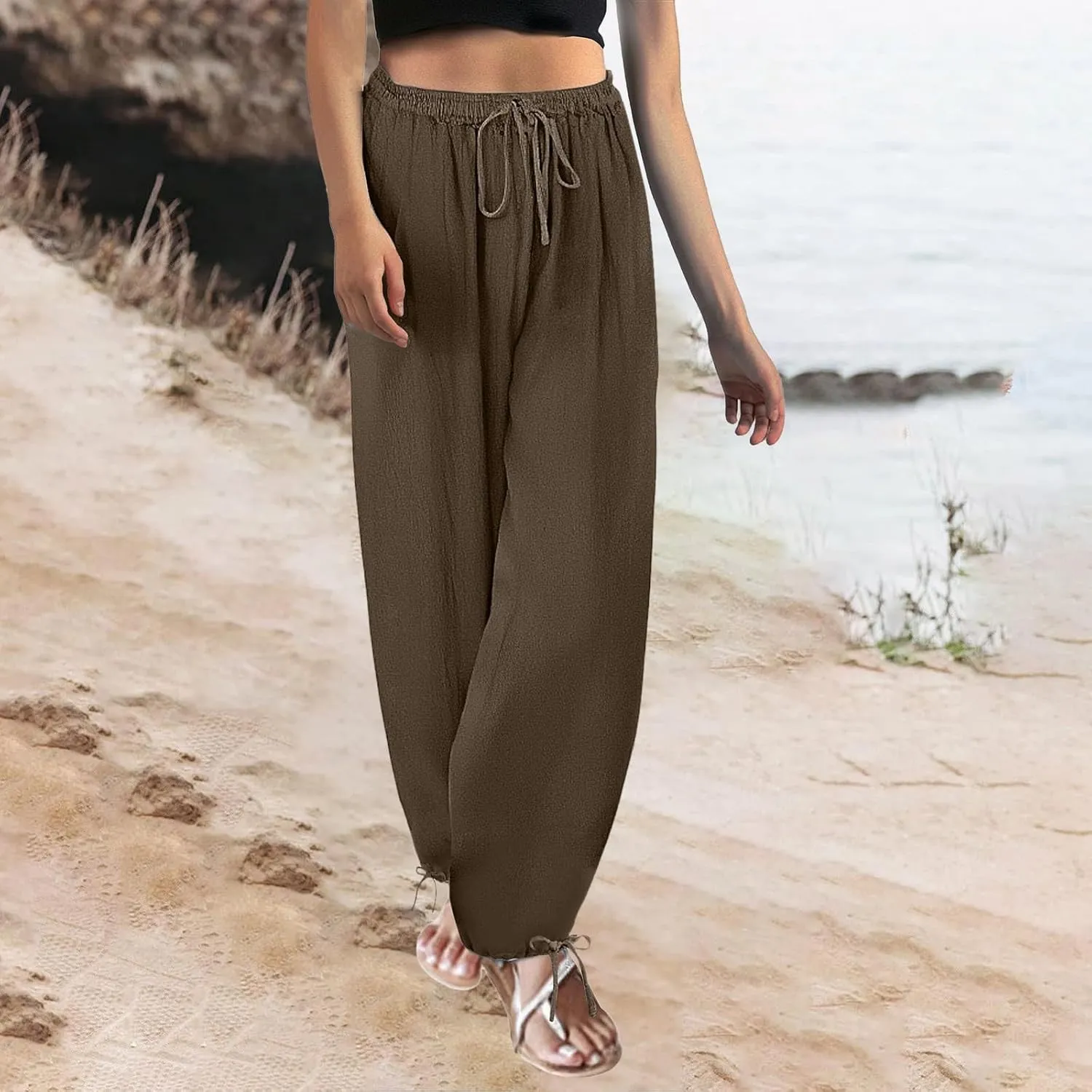 Women's Baggy Linen Pants Drawstring Elasic Waist Casual Joggers Loose Summer Lightweight Beach Pants Lounge Trousers