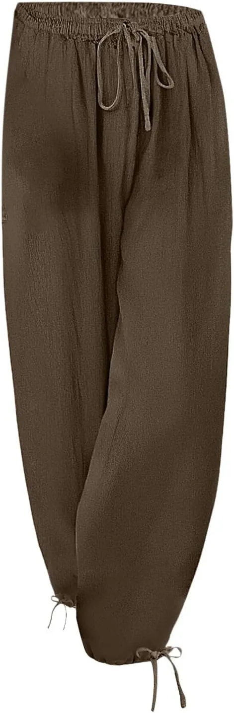 Women's Baggy Linen Pants Drawstring Elasic Waist Casual Joggers Loose Summer Lightweight Beach Pants Lounge Trousers