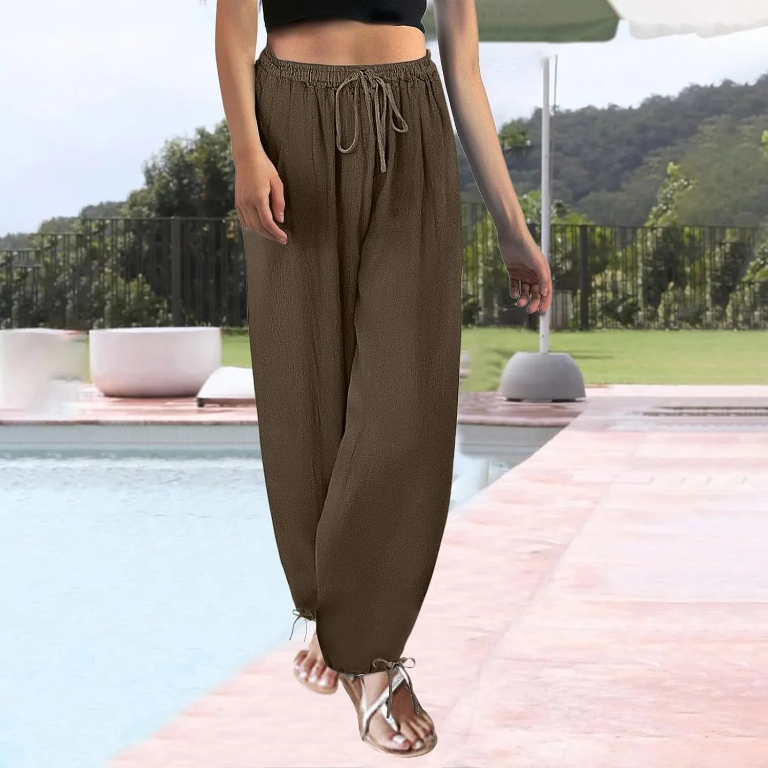 Women's Baggy Linen Pants Drawstring Elasic Waist Casual Joggers Loose Summer Lightweight Beach Pants Lounge Trousers