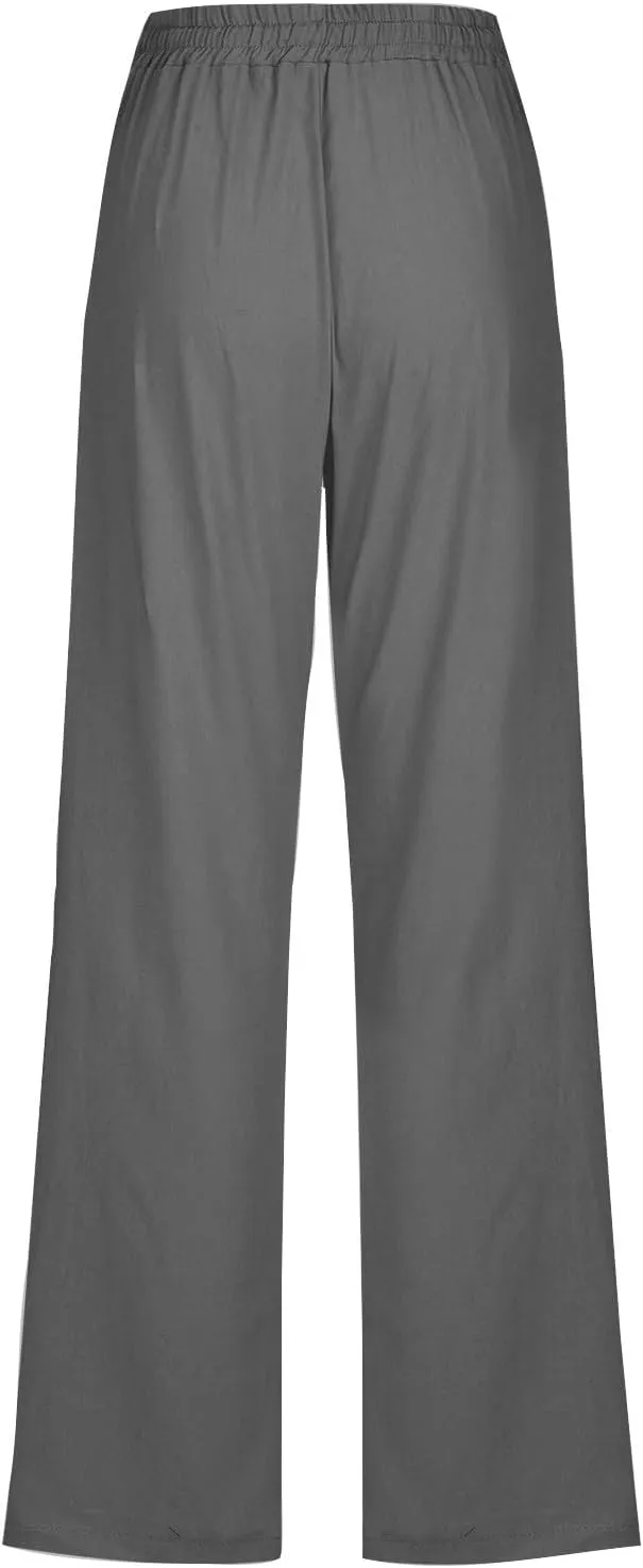 Womens Casual Cotton Linen Pants 2025 Fashion Drawstring Trouser Summer Loose Fit Straight Leg Pant Soft Lounge Pants