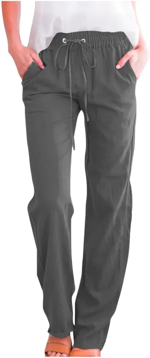 Womens Casual Cotton Linen Pants 2025 Fashion Drawstring Trouser Summer Loose Fit Straight Leg Pant Soft Lounge Pants