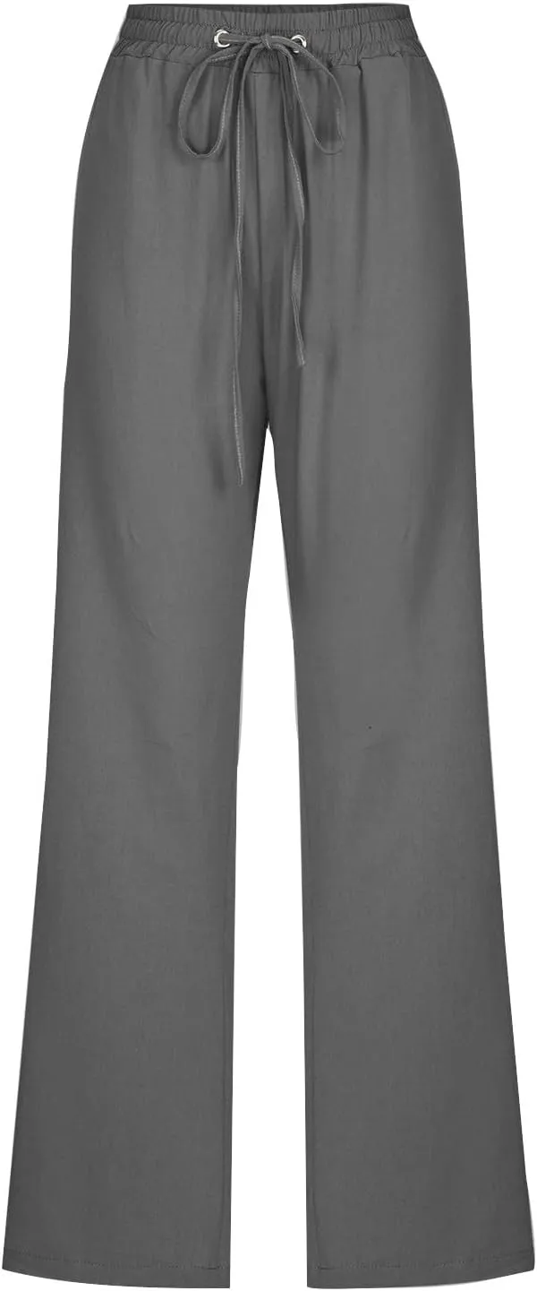 Womens Casual Cotton Linen Pants 2025 Fashion Drawstring Trouser Summer Loose Fit Straight Leg Pant Soft Lounge Pants