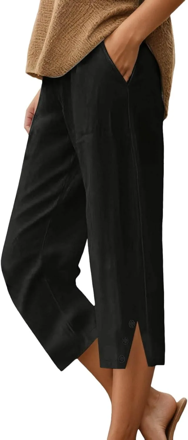 Womens Casual Linen High Waist Capris Side Silt Leg Lightweight Summer Pants Stretch Loose Soft Trousers with Pockets