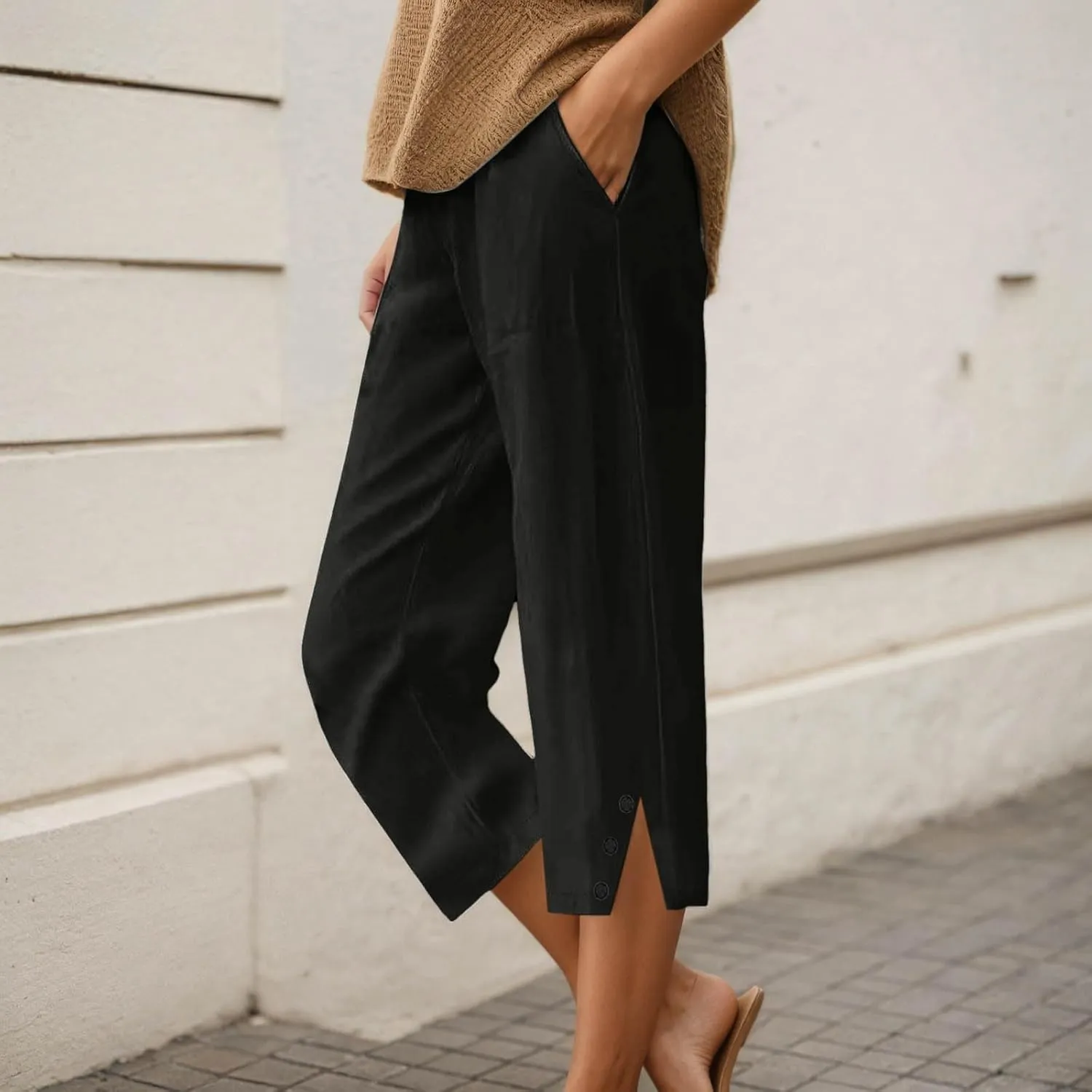 Womens Casual Linen High Waist Capris Side Silt Leg Lightweight Summer Pants Stretch Loose Soft Trousers with Pockets