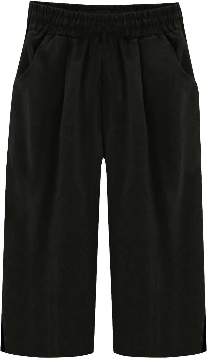 Womens Casual Linen High Waist Capris Side Silt Leg Lightweight Summer Pants Stretch Loose Soft Trousers with Pockets
