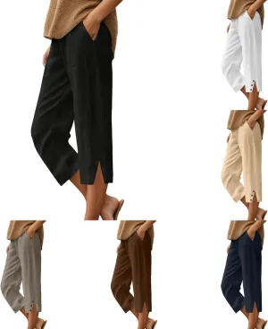 Womens Casual Linen High Waist Capris Side Silt Leg Lightweight Summer Pants Stretch Loose Soft Trousers with Pockets