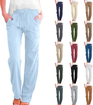 Womens Casual Linen High Waist Pants Drawstring Elastic Loose Fit Summer Pants Plus Size Trousers with Side Pockets