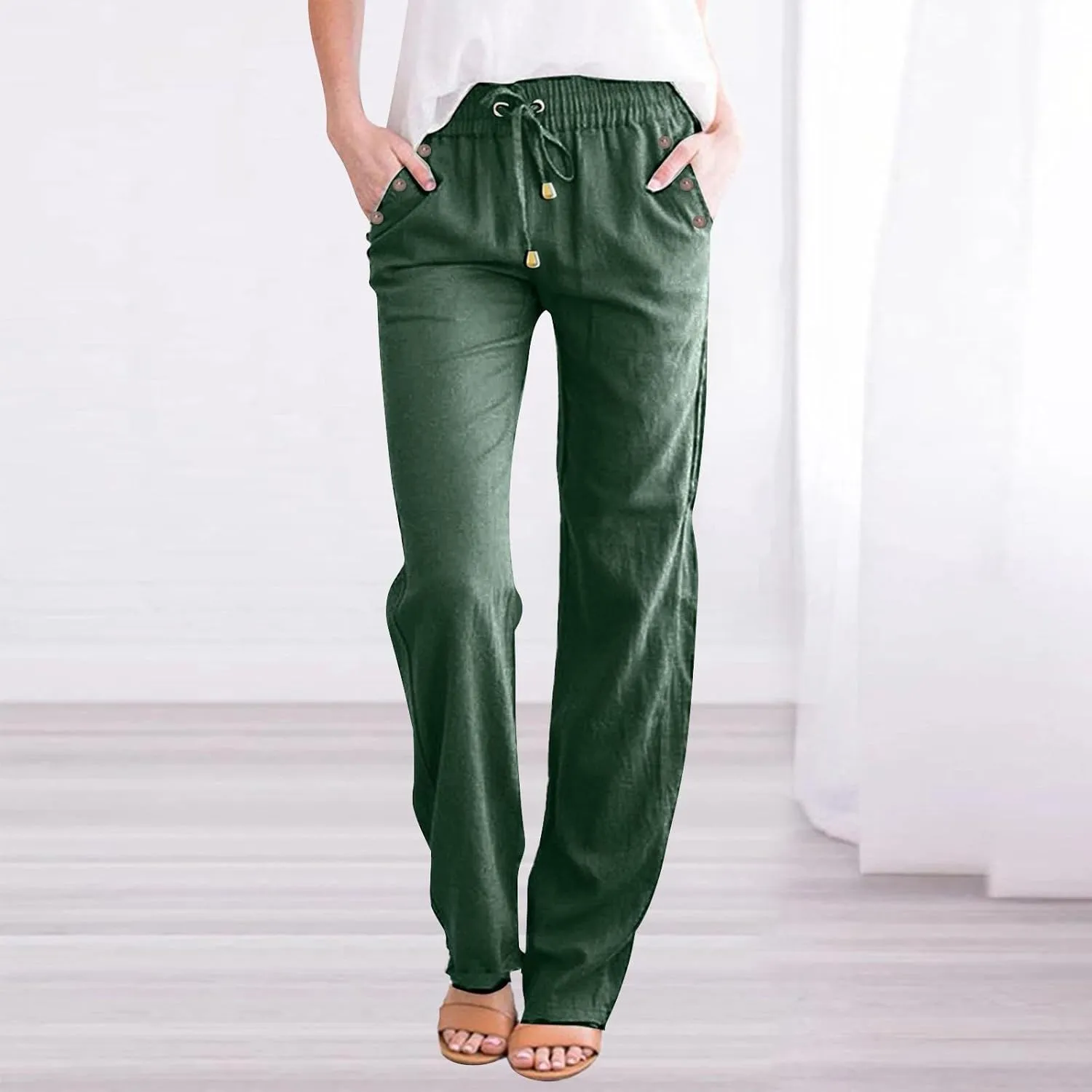 Womens Casual Linen High Waist Pants Drawstring Loose Fit Summer Pants Trousers with Side Pockets
