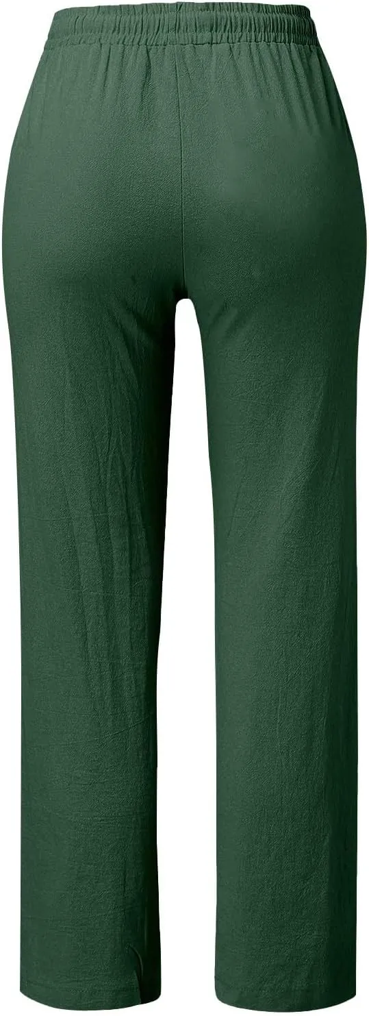 Womens Casual Linen High Waist Pants Drawstring Loose Fit Summer Pants Trousers with Side Pockets