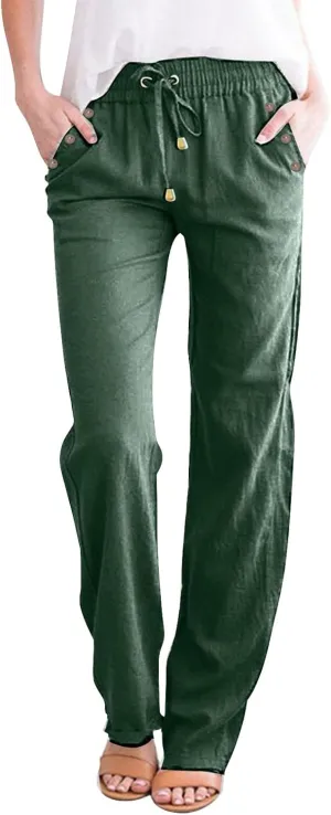 Womens Casual Linen High Waist Pants Drawstring Loose Fit Summer Pants Trousers with Side Pockets