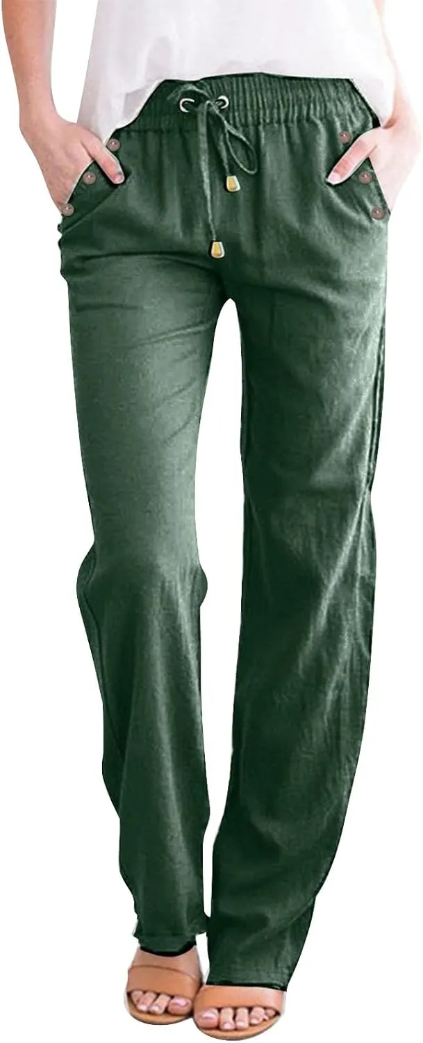Womens Casual Linen High Waist Pants Drawstring Loose Fit Summer Pants Trousers with Side Pockets