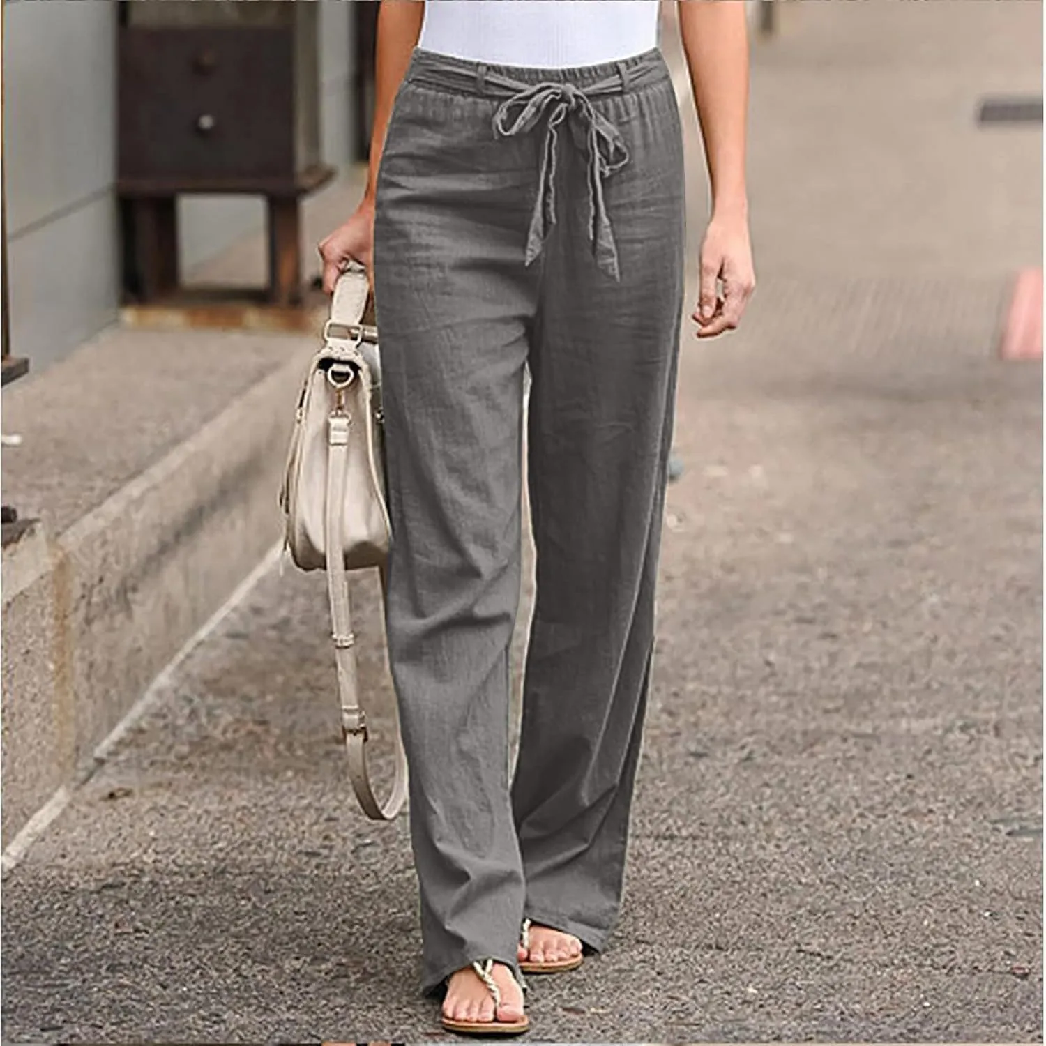 Womens Casual Loose Pants Comfy High Waist Cropped Work Pants with Pockets Elastic High Waist Paper Bag Pants Trousers