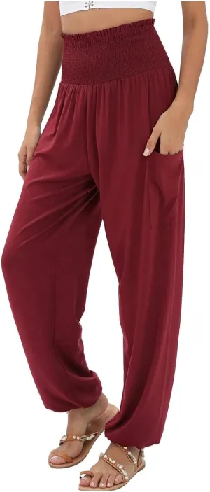 Women's Casual Loose Wide Leg Cozy Pants Winter fold Hiking Slacks with Pockets Barrel Pants Elastic Waist