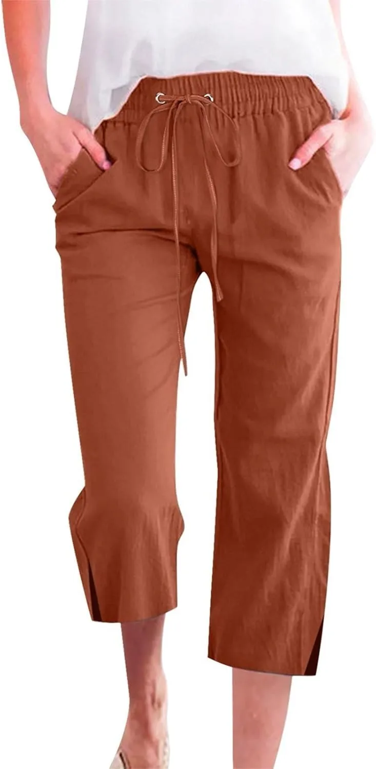 Women's Casual Pants,Plus Size Women's Summer Pants Linen Blend Drawstring Waist, Wide Leg Split Hem Lounge Culottes