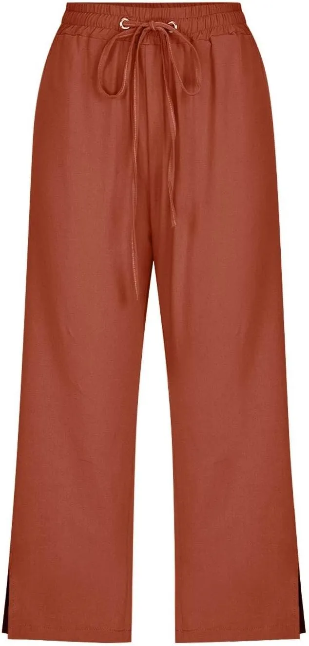 Women's Casual Pants,Plus Size Women's Summer Pants Linen Blend Drawstring Waist, Wide Leg Split Hem Lounge Culottes