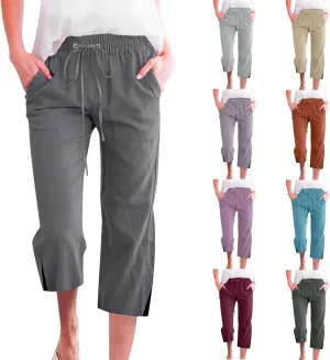 Women's Casual Pants,Plus Size Women's Summer Pants Linen Blend Drawstring Waist, Wide Leg Split Hem Lounge Culottes