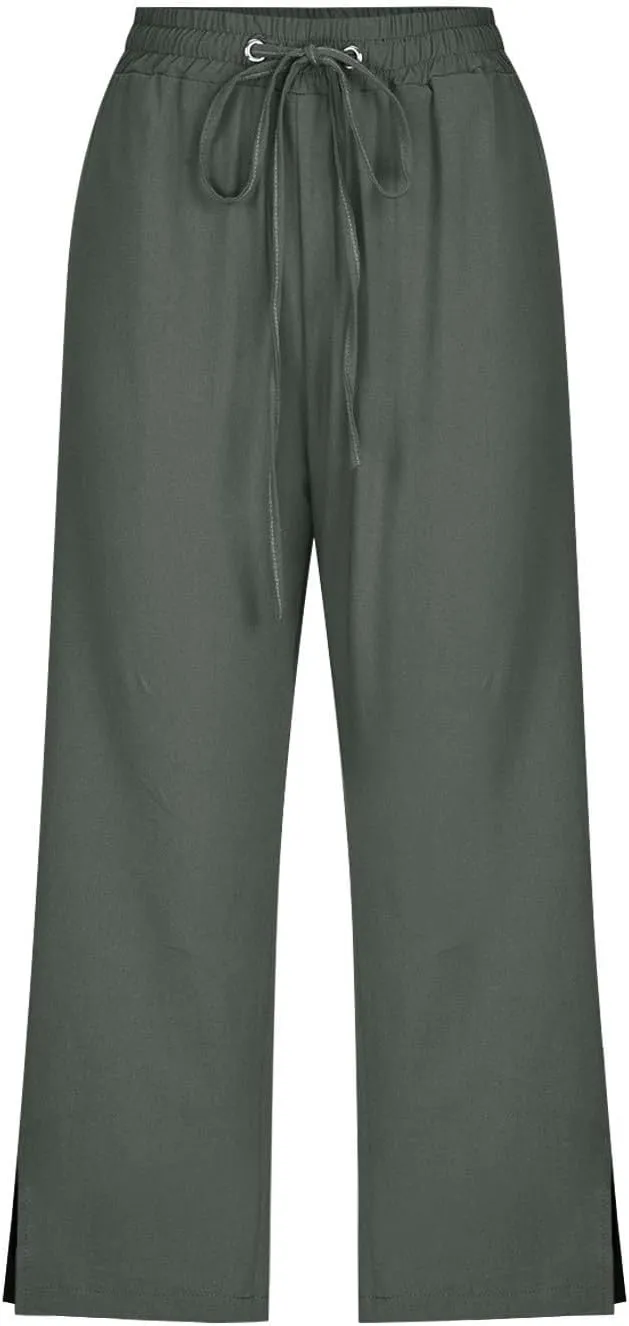 Women's Casual Pants,Plus Size Women's Summer Pants Linen Blend Drawstring Waist, Wide Leg Split Hem Lounge Culottes