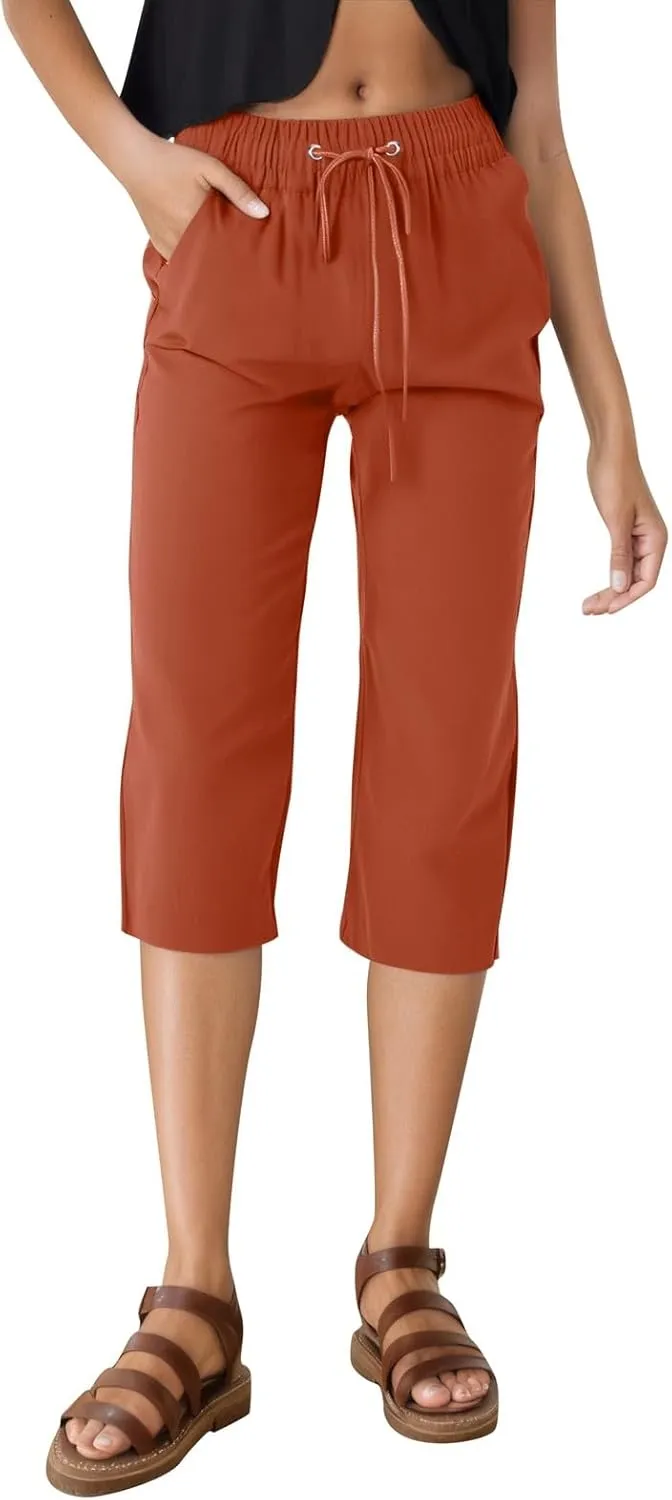 Women's Casual Pants,Plus Size Women's Summer Pants Linen Blend Drawstring Waist, Wide Leg Split Hem Lounge Culottes