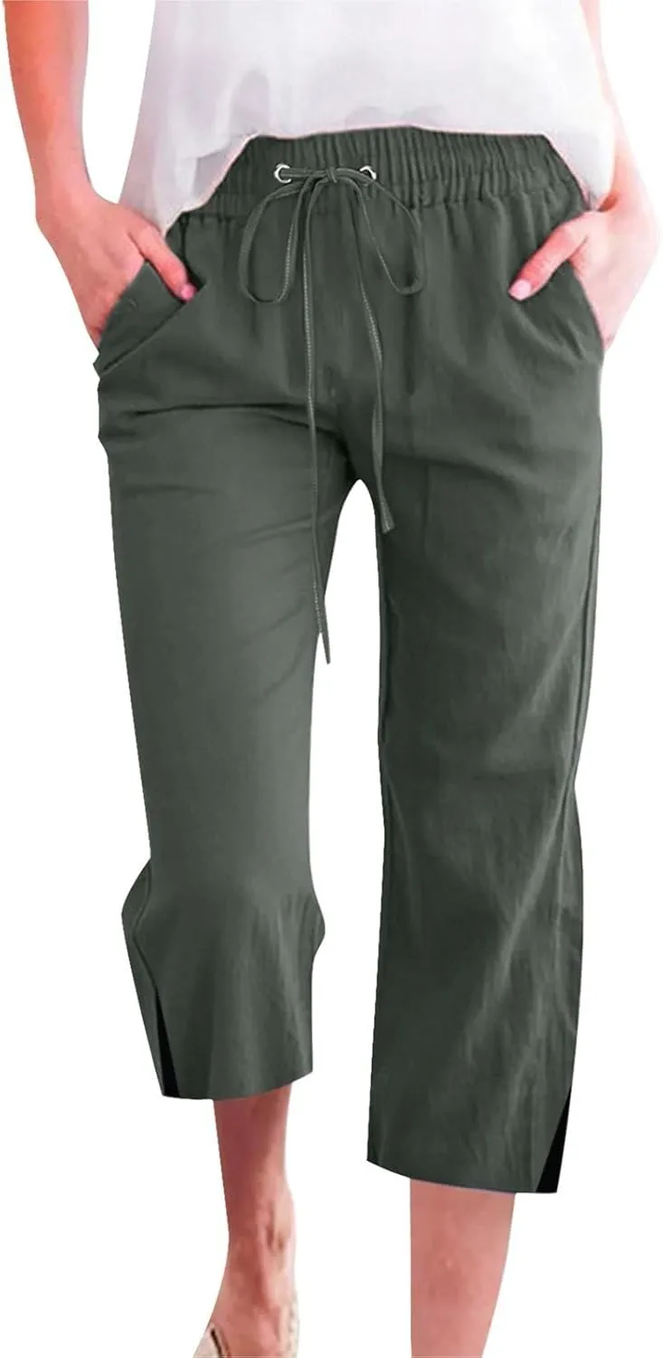 Women's Casual Pants,Plus Size Women's Summer Pants Linen Blend Drawstring Waist, Wide Leg Split Hem Lounge Culottes