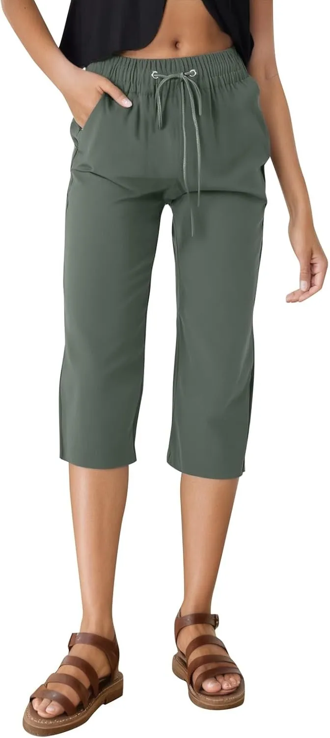 Women's Casual Pants,Plus Size Women's Summer Pants Linen Blend Drawstring Waist, Wide Leg Split Hem Lounge Culottes