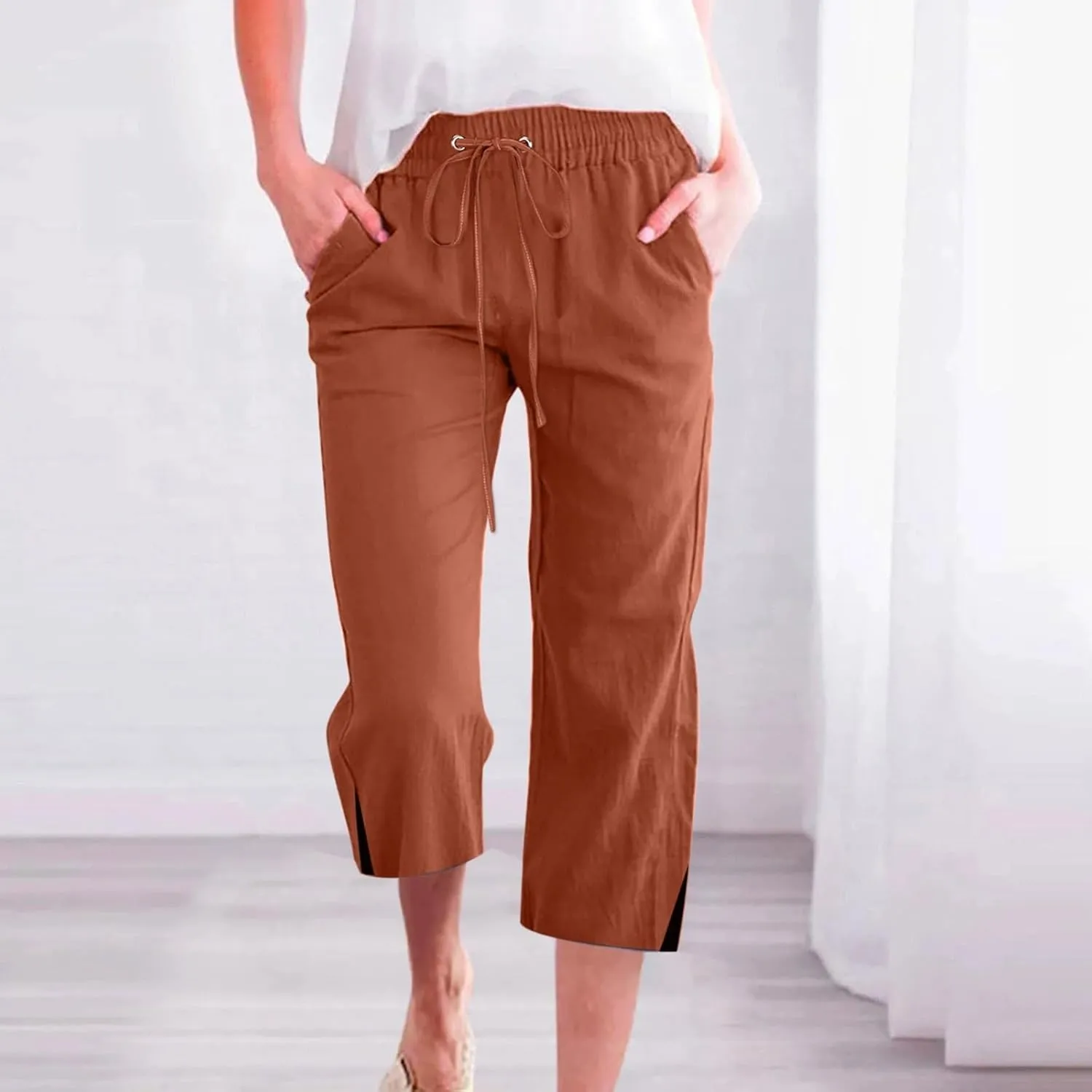 Women's Casual Pants,Plus Size Women's Summer Pants Linen Blend Drawstring Waist, Wide Leg Split Hem Lounge Culottes
