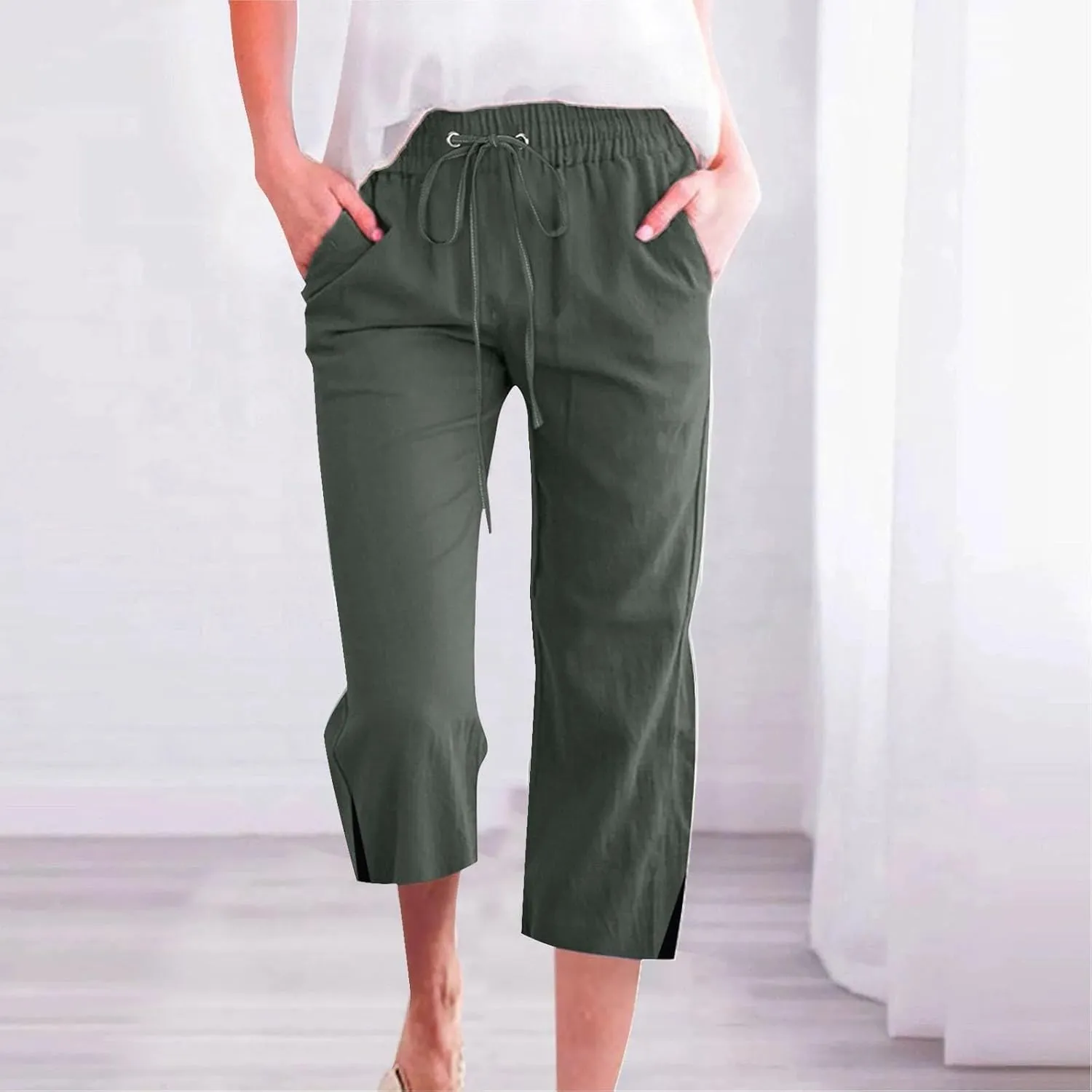 Women's Casual Pants,Plus Size Women's Summer Pants Linen Blend Drawstring Waist, Wide Leg Split Hem Lounge Culottes