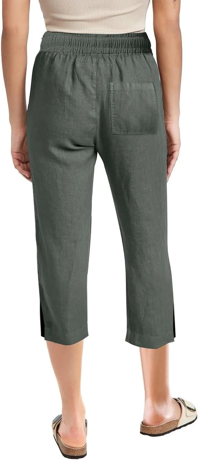 Women's Casual Pants,Plus Size Women's Summer Pants Linen Blend Drawstring Waist, Wide Leg Split Hem Lounge Culottes