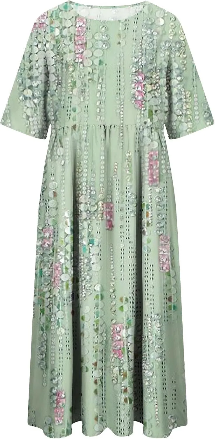 Womens Casual Summer Dresses Cute Floral Print Short Sleeve Beach Dress Round Neck Pleated Sundress with Pocket