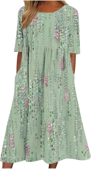 Womens Casual Summer Dresses Cute Floral Print Short Sleeve Beach Dress Round Neck Pleated Sundress with Pocket