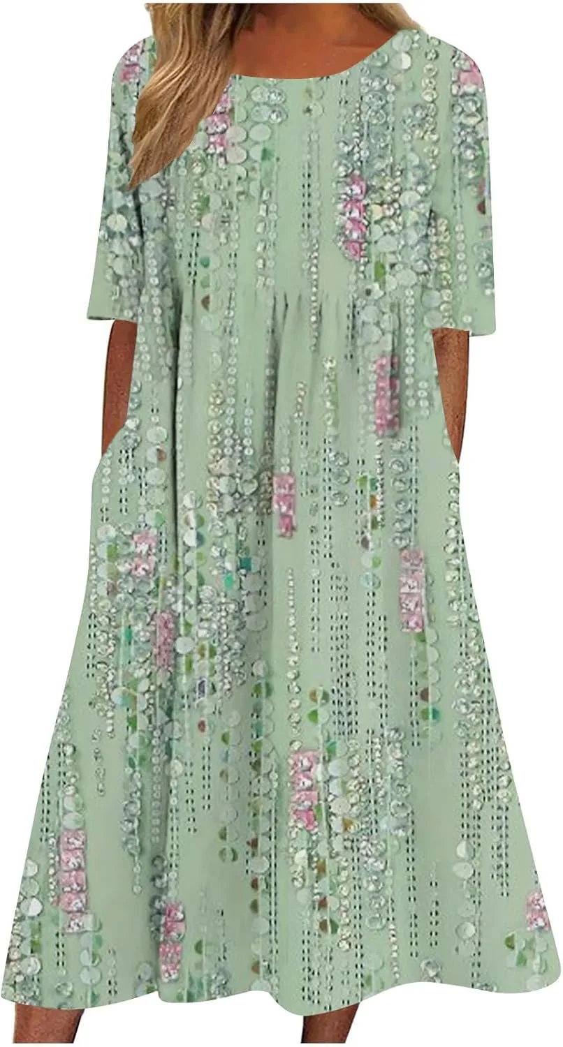 Womens Casual Summer Dresses Cute Floral Print Short Sleeve Beach Dress Round Neck Pleated Sundress with Pocket