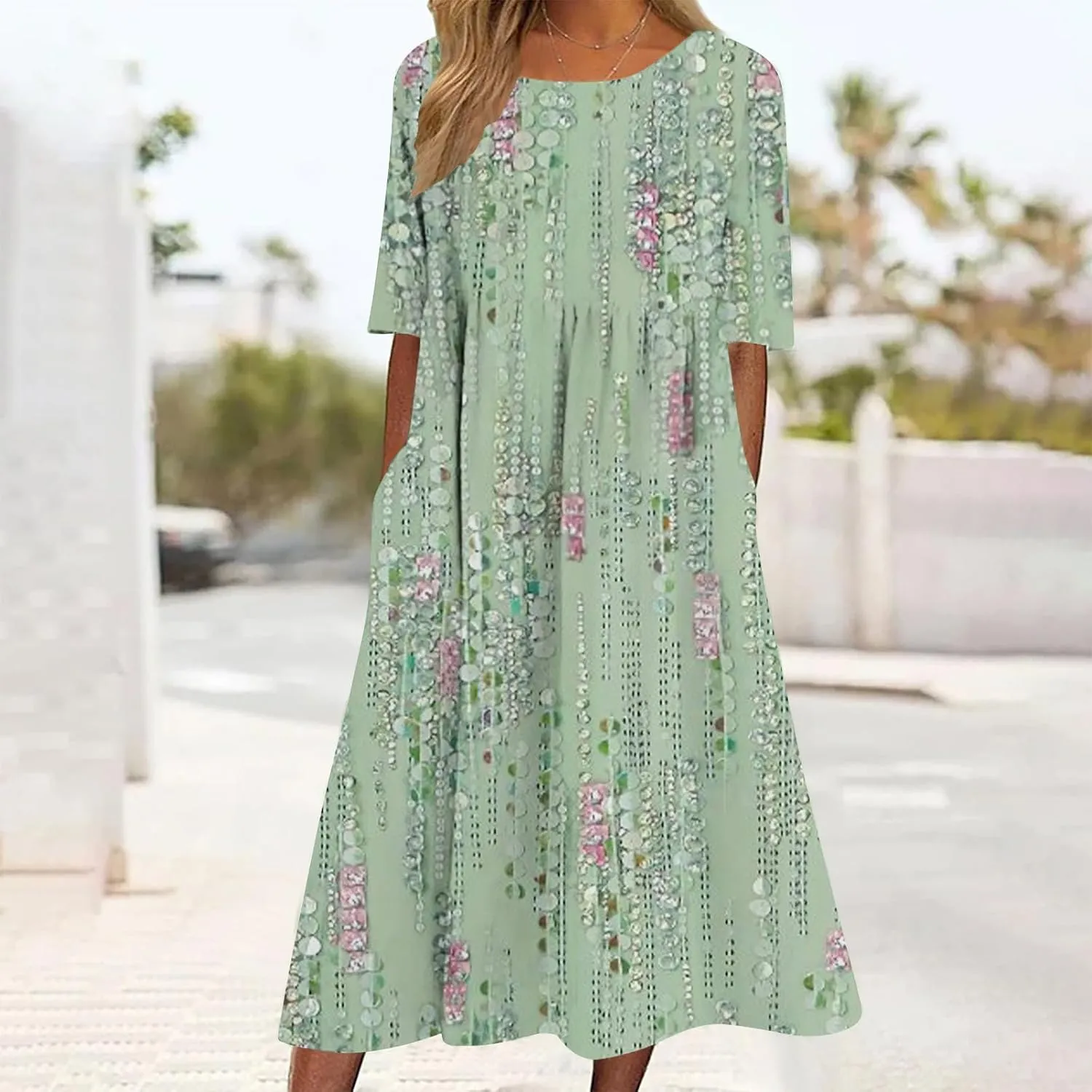 Womens Casual Summer Dresses Cute Floral Print Short Sleeve Beach Dress Round Neck Pleated Sundress with Pocket