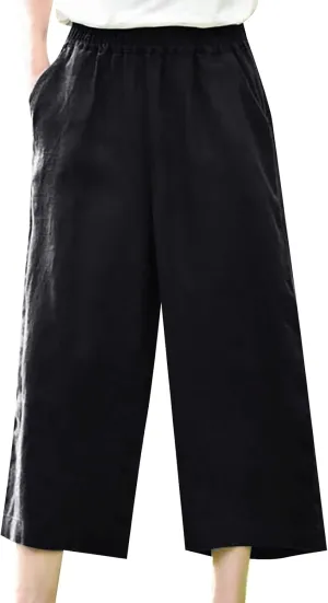 Womens Casual Wide Leg Capri Pants Elastic Waist Straight Leg Loose Fit Trousers Summer Beach Cozy Cotton Linen Cropped Pants