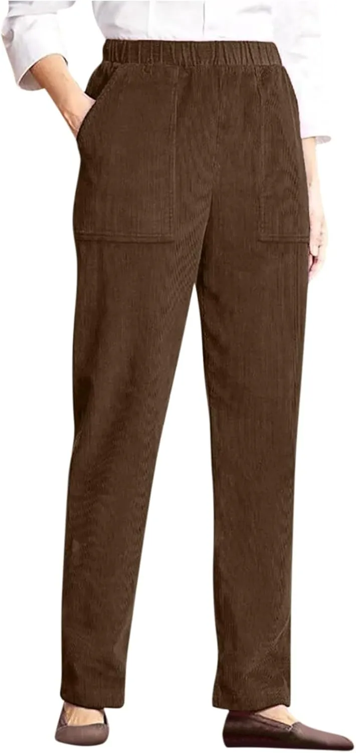 Women's Corduroy Pants Casual High Waist Straight Leg Pants Solid Color Comfy Baggy Pants Trousers with Pockets