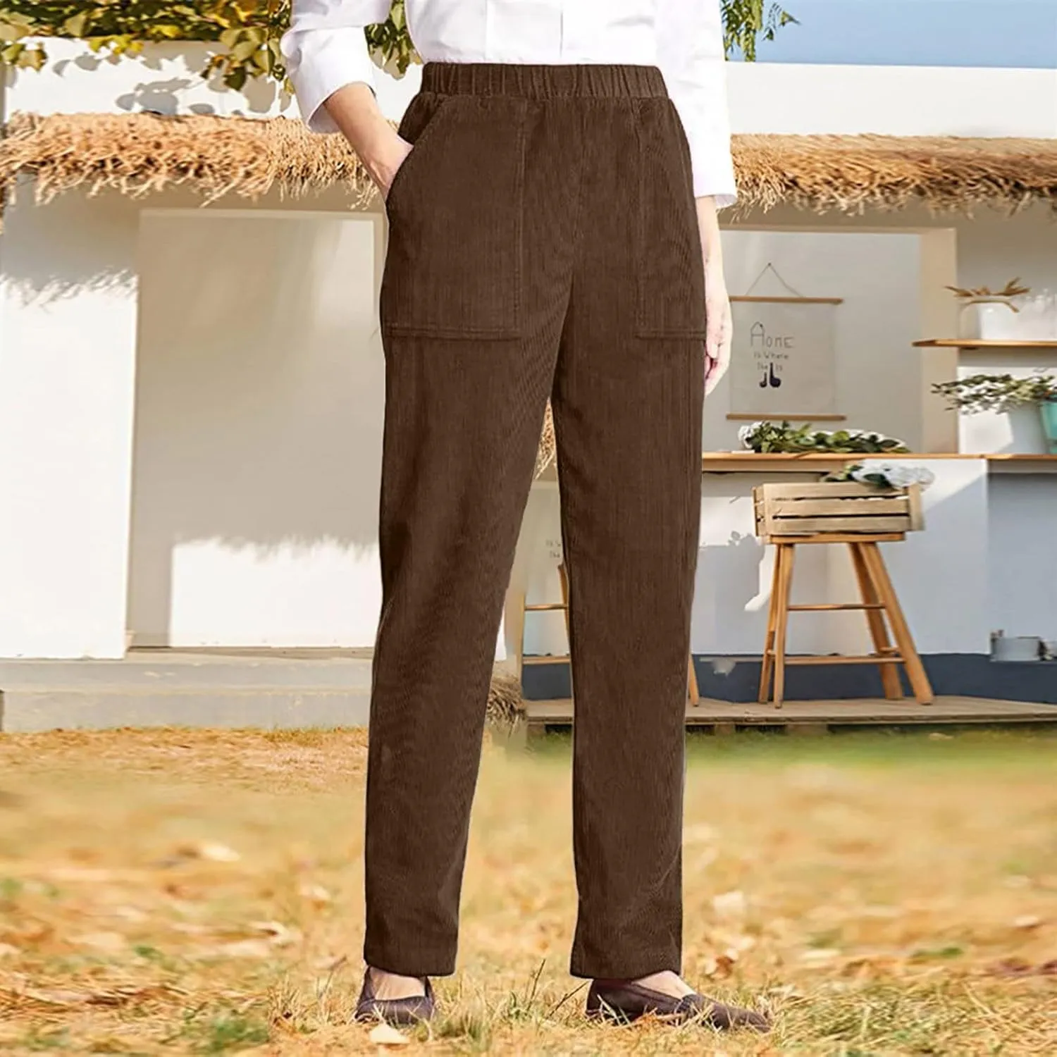 Women's Corduroy Pants Casual High Waist Straight Leg Pants Solid Color Comfy Baggy Pants Trousers with Pockets