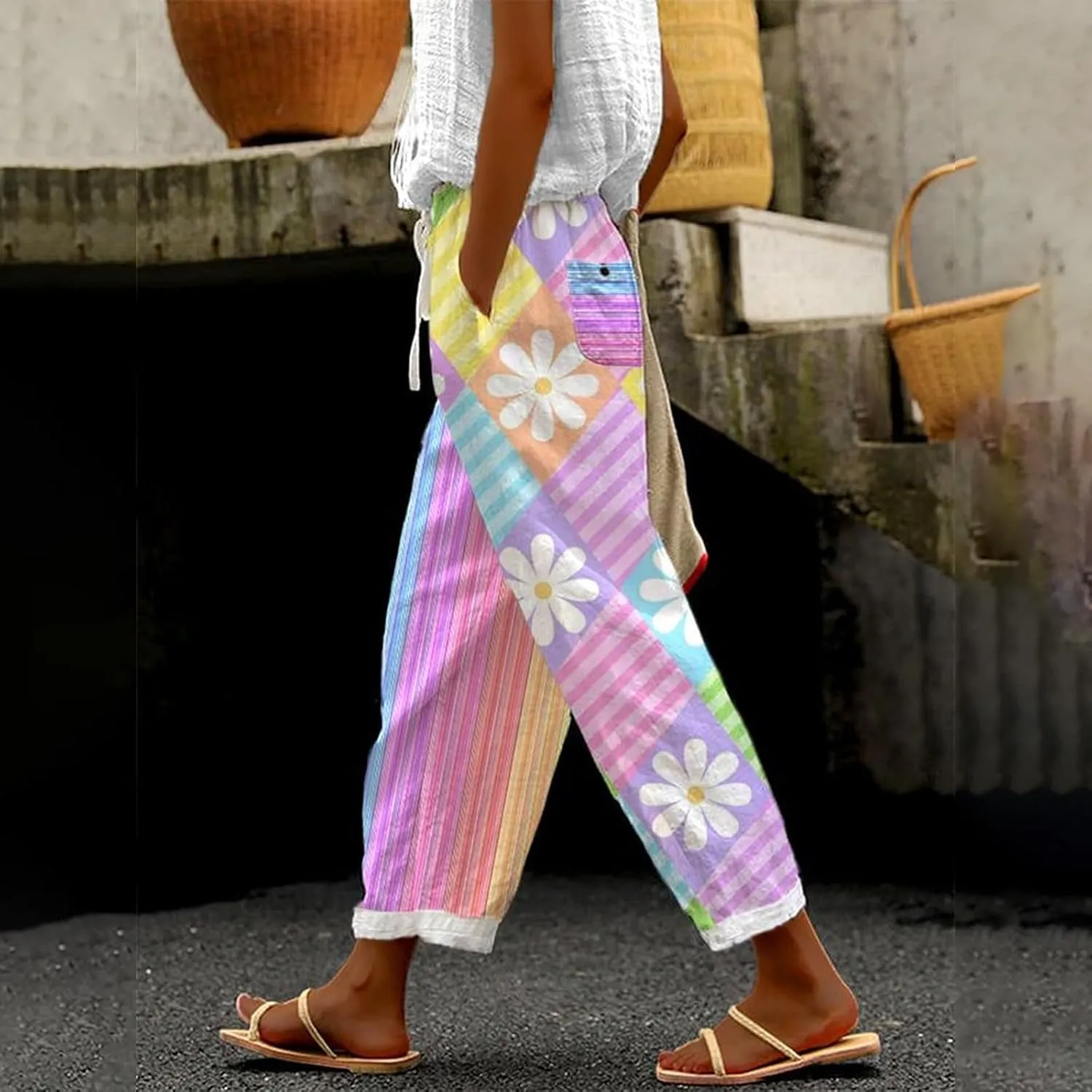 Womens Cotton Linen Casual Long High Waisted Pants Cool Feel Soft Tapered Vacation Lounge Trousers with Pockets
