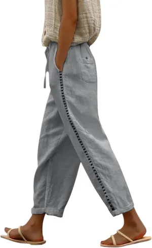 Womens Cotton Linen Casual Long High Waisted Pants Cool Feel Soft Tapered Vacation Lounge Trousers with Pockets