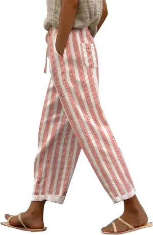 Womens Cotton Linen Casual Long High Waisted Pants Cool Feel Soft Tapered Vacation Lounge Trousers with Pockets
