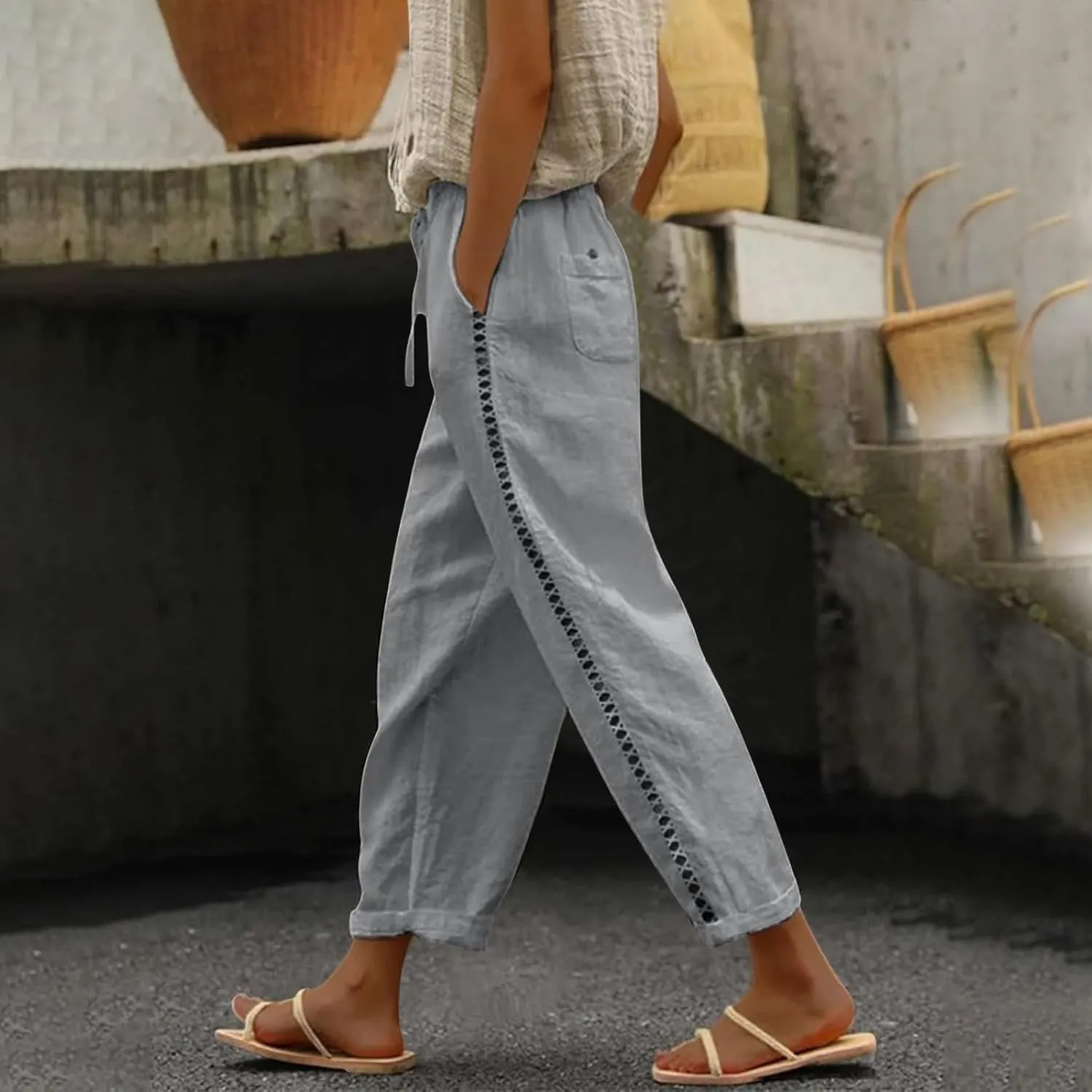 Womens Cotton Linen Casual Long High Waisted Pants Cool Feel Soft Tapered Vacation Lounge Trousers with Pockets