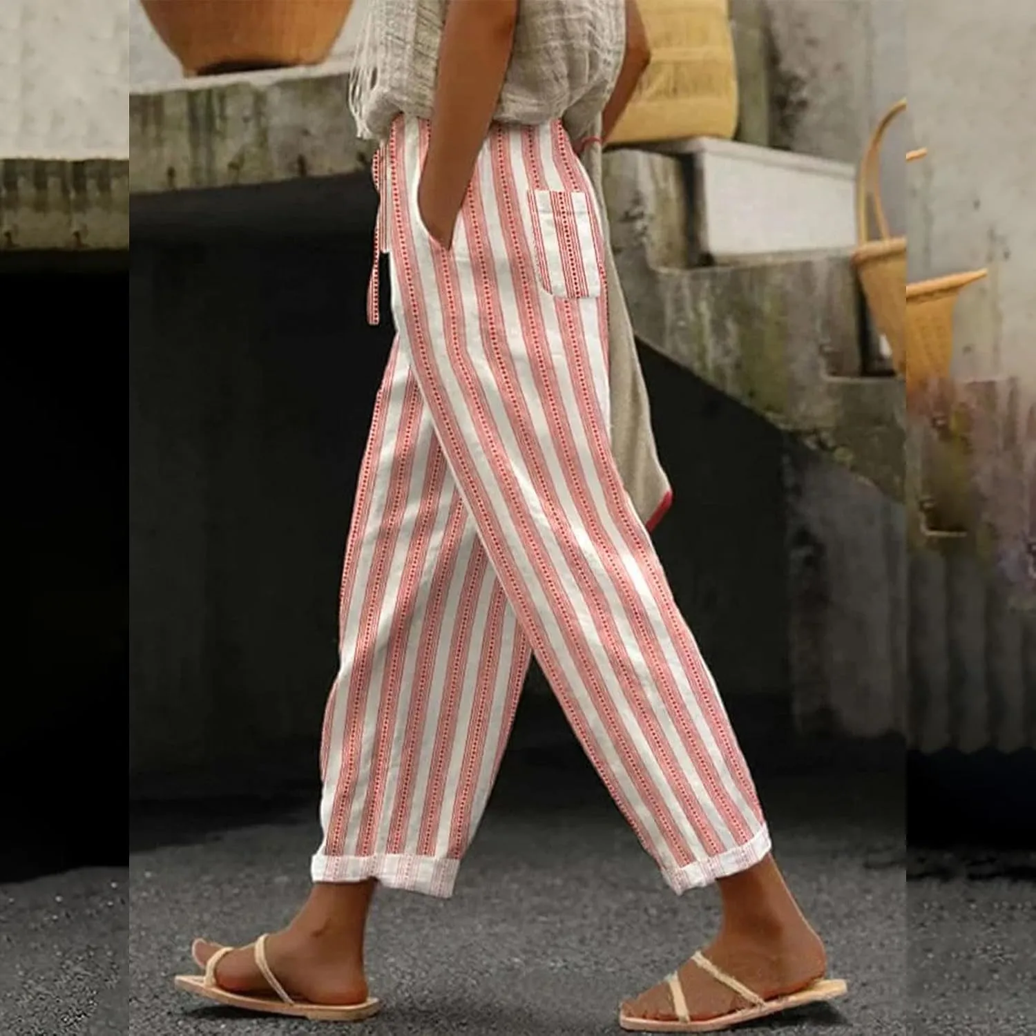Womens Cotton Linen Casual Long High Waisted Pants Cool Feel Soft Tapered Vacation Lounge Trousers with Pockets