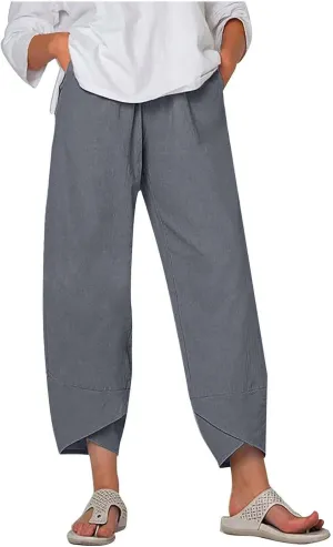 Womens Cotton Linen Cropped Pants Elastic High Waist Casual Trousers Soft Comfy Baggy Loose Fit Slacks with Pockets