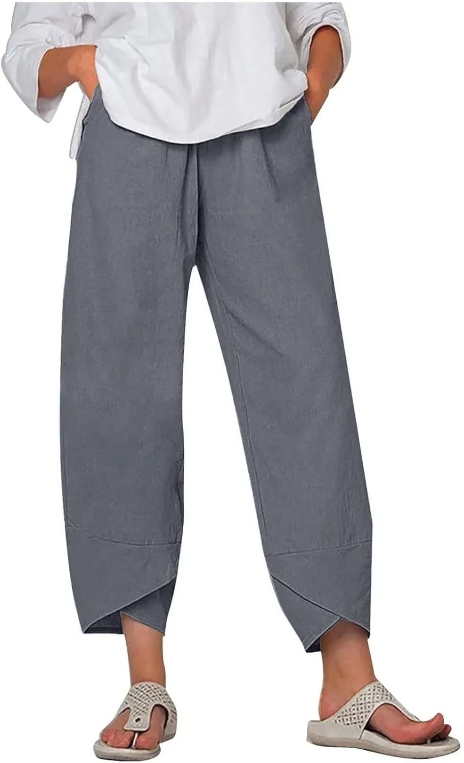 Womens Cotton Linen Cropped Pants Elastic High Waist Casual Trousers Soft Comfy Baggy Loose Fit Slacks with Pockets